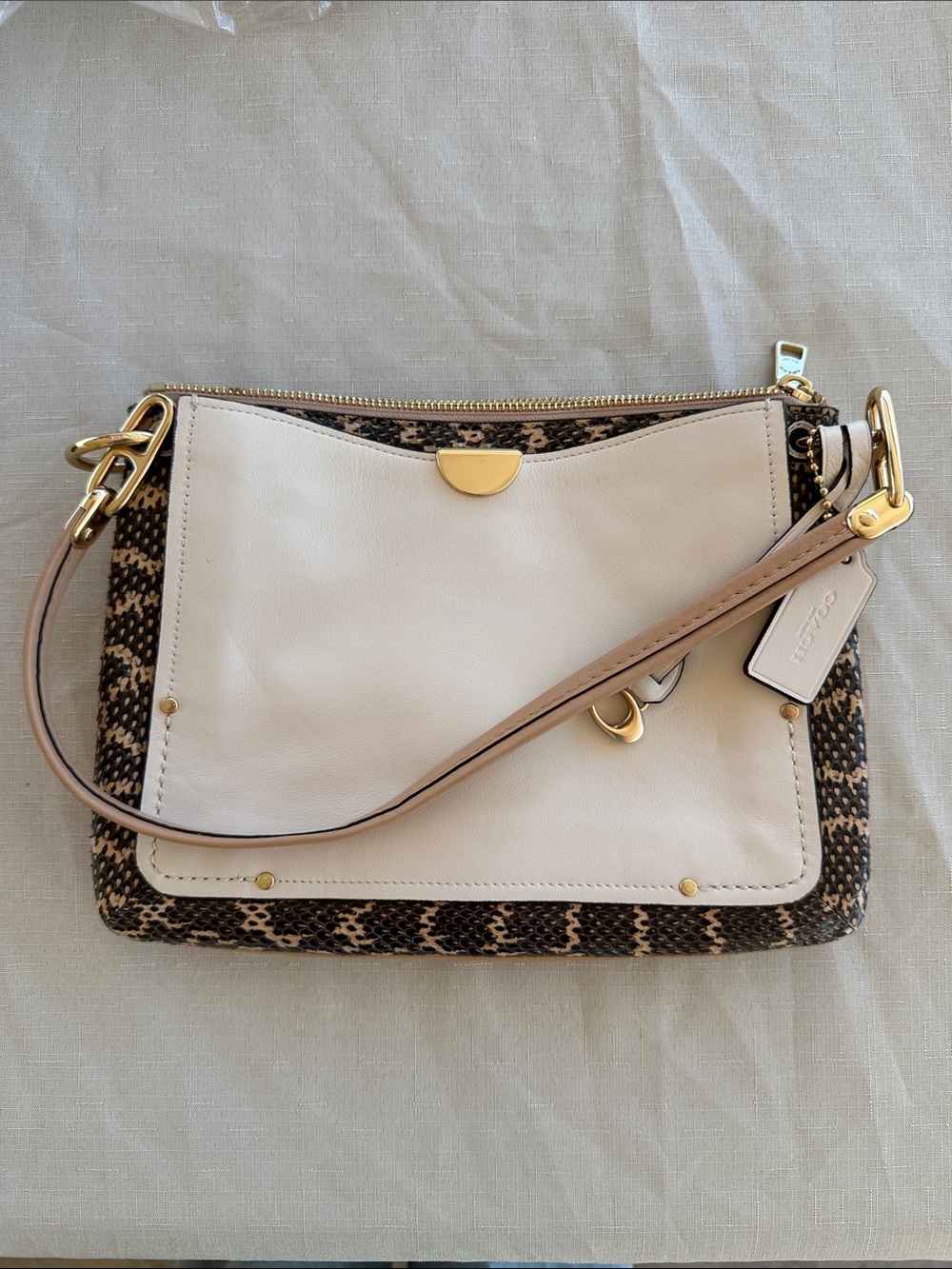 Coach Cream Leather & Brown Patterned Canvas Crossbody with Gold Hardware